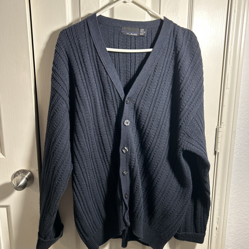 Vtg Bill Blass Sweater Men XL Blue Cable Knit V-Neck Button Cardigan Grandpa‎